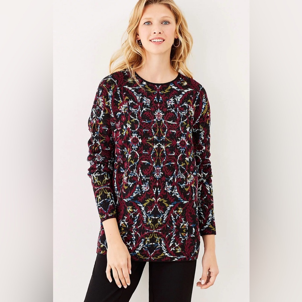J Jill Sweater Women’s Size Small S Jacquard Tapestry Wool Blend Burgundy